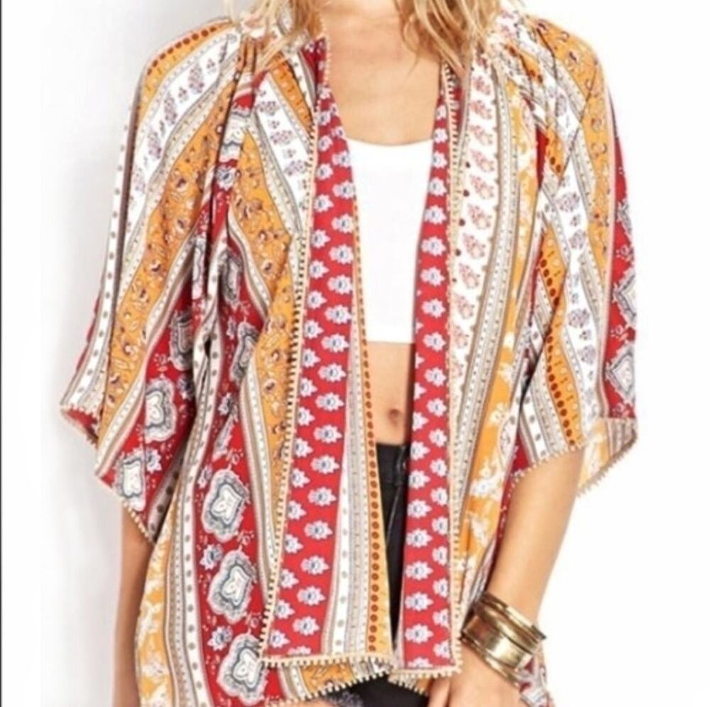 FOREVER 21 Boho Flowy Kimono Style Top Size L Loose Cover Up Floral Stripe Print